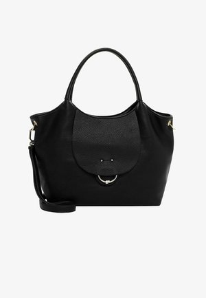Bolso de mano de cuero negro con una superficie texturizada, con una parte superior redondeada, una solapa que cubre el compartimento principal y acentos de hardware en tono dorado.