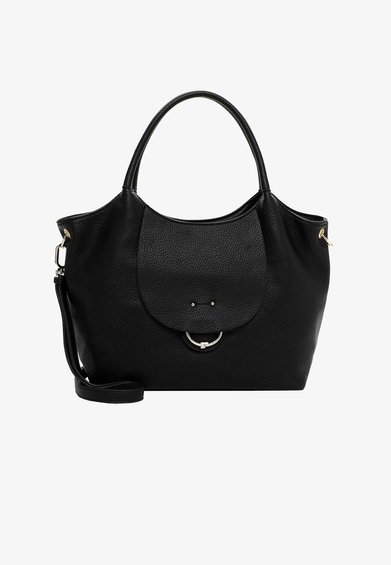 Juodas odinis rankinukas su tekstūruota paviršiumi, turintis apvalų viršų, užsklandą virš pagrindinės compartment'o ir auksinės spalvos detales.