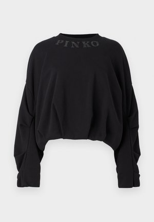 Black cropped sweatshirt made of soft fabric, featuring a rounded neckline and long sleeves. "PINKO" logo embossed across the front.