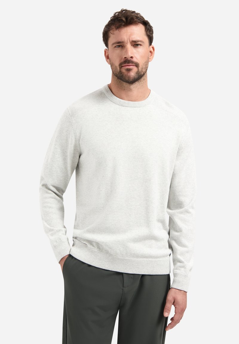 Lichtgrijze trui met een gestructureerd raglanontwerp, ronde halslijn, lange mouwen en geribbelde manchetten, gecombineerd met donkergroene broeken.