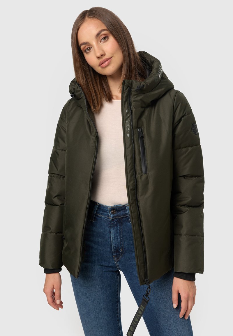Olive green puffer jacket with a hood, zipper pockets, and elastic cuffs. Features a smooth texture and a slim fit design.