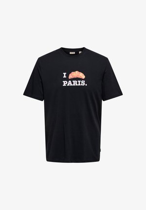 Črna bombažna majica s potiskom kroasana nad belim napisom "I PARIS", s sproščenim krojem in kratkimi rokavi.