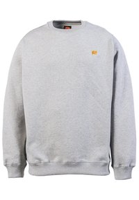 Sweat-shirt gris clair à col rond avec poignets et ourlet côtelés, orné d’un petit logo bison jaune sur le côté gauche de la poitrine.