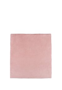 Cuscino quadrato in morbido tessuto rosa, con una texture liscia e bordi imbottiti. Adatto per uso decorativo o come supporto.