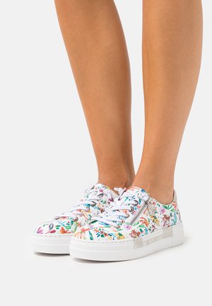 Floral-patterned sneakers with white synthetic upper, textured rubber sole, and colorful accents. Features a side zipper and contrasting grey detail.