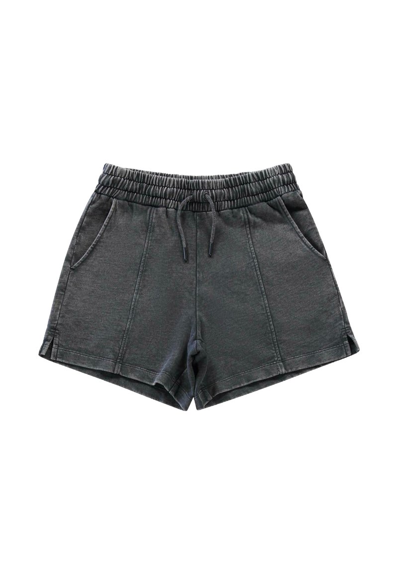 Grijze katoenen shorts met een elastische tailleband, trekkoord, zijzakken en een relaxed fit. Kenmerkt zich door gestikte details en splitten aan de zoom.