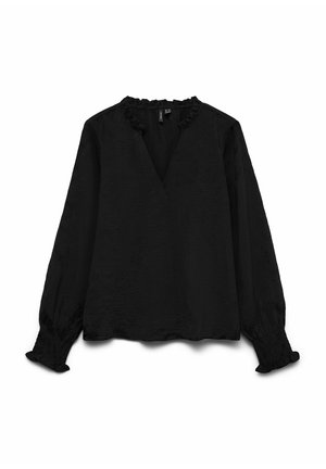 Černá blůza s dlouhými rukávy, volánkovým výstřihem a manžetami, designem do V, texturovanou tkaninou a volným střihem.