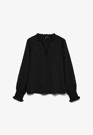 Črna bluzica z dolgimi rokavi, nabranim ovratnikom in manšeti, obliko V izreza, teksturirano blago in ohlapen kroj.