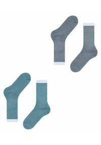 Gestreifte Socken in zwei Farben: eine türkisfarbene mit weißen Streifen, eine marineblaue mit weißen Streifen. Jede hat einen weißen Bund und eine glatte Textur.