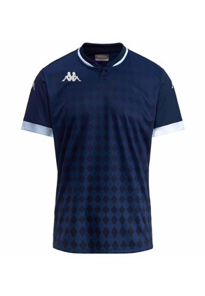 Maglia sportiva navy con un motivo a diamante, maniche corte, colletto tondo e accenti blu chiaro. Presenta un logo sul petto e sulle spalle.