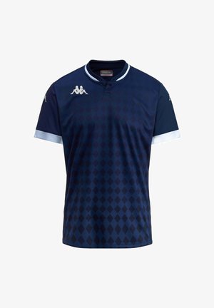 Maillot de sport marine avec un motif en losanges, à manches courtes, col rond et accents bleu clair. Présente un logo sur la poitrine et les épaules.