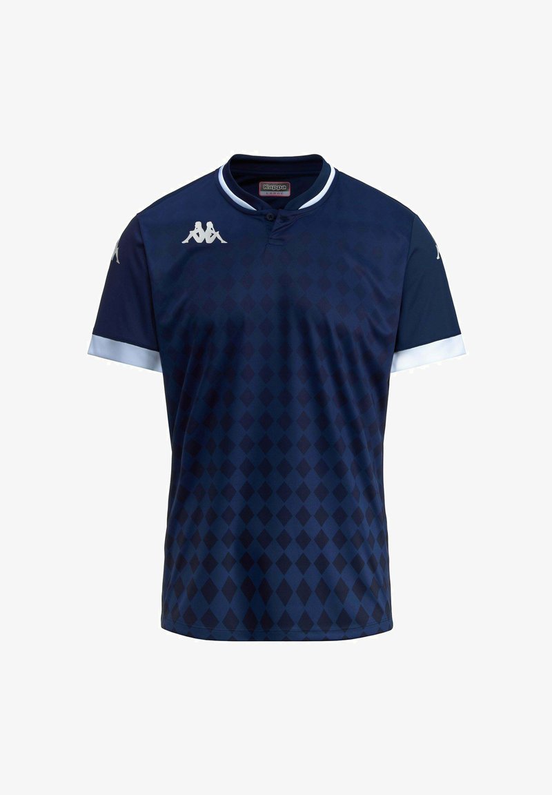 Maillot de sport marine avec un motif en losanges, à manches courtes, col rond et accents bleu clair. Présente un logo sur la poitrine et les épaules.