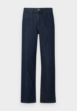 Dark blue denim jeans with a straight cut, featuring a button and zipper closure, five pockets, and subtle stitching details.