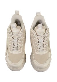 Beige sneakers with a textured suede and mesh upper, featuring laces, a padded collar, a logo on the tongue and a chunky sole design.