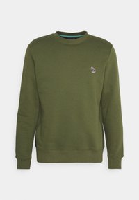 Felpa verde oliva in morbido cotone, con scollo rotondo, maniche lunghe e un piccolo logo ricamato sul petto.