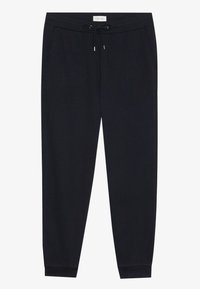 Pantaloni de trening negri cu un elastic la talie, două buzunare laterale, manșete ribbate și un material moale, texturat. Design simplu, cu picior drept.