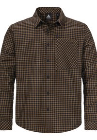 Herren-Hemd mit Knopfverschluss in Dunkelblau mit braunem Karomuster. Verfügt über eine Brusttasche und einen klassischen Kragen. Hergestellt aus einem strukturierten Stoff.