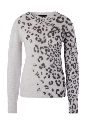 Hellgrauer Pullover mit schwarzem Leopardenmuster. Rundhalsausschnitt, lange Ärmel, gerippte Bündchen und Saum. Weiche Textur, aus einer Wollmischung gefertigt.