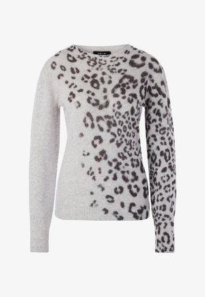 Hellgrauer Pullover mit schwarzem Leopardenmuster. Rundhalsausschnitt, lange Ärmel, gerippte Bündchen und Saum. Weiche Textur, aus einer Wollmischung gefertigt.