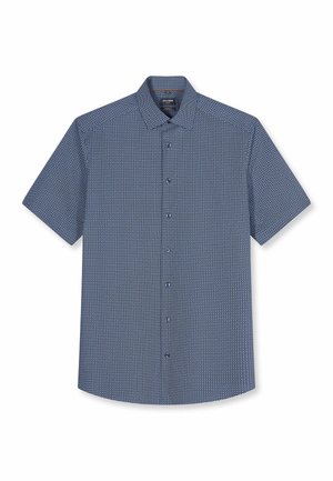 Blauw overhemd met korte mouwen, knoopsluiting, klein cirkelpatroon en klassieke kraag, plat op een witte achtergrond gelegd.