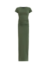 Robe maxi vert olive à manches courtes, dotée de détails froncés sur les côtés et d'un tissu élastique et lisse qui améliore l'ajustement et le confort.