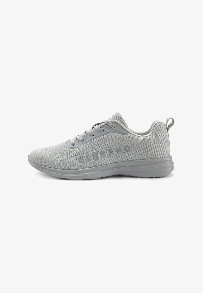 Gray athletic shoes with a textured mesh upper, rounded toe, and a cushioned sole. Features laces and a molded heel tab.