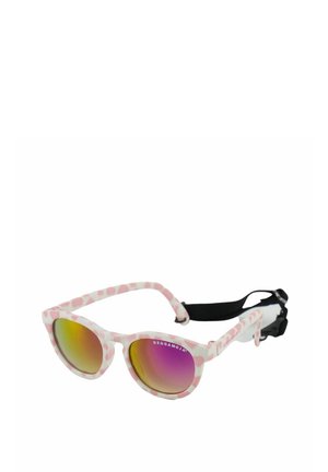 Pink and white patterned sunglasses with gradient lens featuring a purple to yellow tint, equipped with a black adjustable strap.