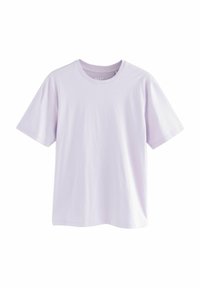 Camiseta de manga corta lavanda en un suave material de algodón. Presenta un cuello redondo y un corte relajado. Diseño simple sin patrones ni acentos.