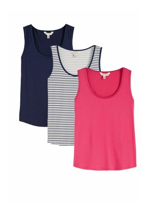 Drei ärmellose Tanktops mit Rundhalsausschnitt in einfarbig Marineblau, Weiß mit marineblauen Streifen und einfarbig leuchtend Pink, überlappend auf weißem Hintergrund dargestellt.