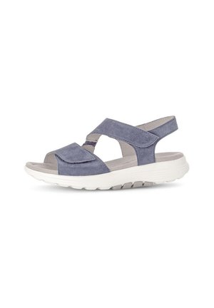Sandal in suede blu con cinturini incrociati e suola ammortizzata. Presenta un cinturino posteriore regolabile e una soletta testurizzata per il comfort.