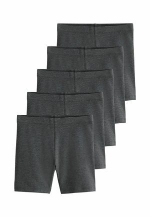 Fem mørkegrå elastiske knælange shorts stablet i en forskudt opstilling på en hvid baggrund.