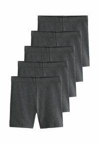 Zes paar donkergrijze shorts gemaakt van gladde stof, met een eenvoudig ontwerp, een elastische tailleband en geen zichtbare patronen of hardware.