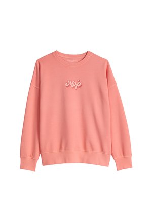 Sweat-shirt corail à col rond avec manches longues et texte « Mop » brodé en blanc au centre de la poitrine.