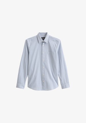 Lichtblauwe button-up shirt met een klein geometrisch patroon, lange mouwen, een borstzak en een standaard kraag. Gemaakt van katoen.