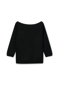 Top negro, sin hombros, con mangas de tres cuartos. Tejido suave y liso con un diseño simple y sólido, y puños y dobladillo acanalados.