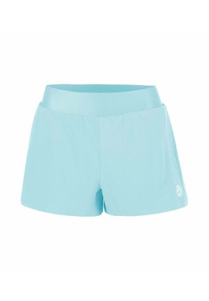 Hellblaue Sportshorts mit breitem elastischem Bund und kleinem weißen Logo am unteren rechten Bein vor weißem Hintergrund.