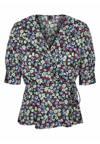 Blumen-Wickeloberteil in Dunkelgrün mit bunten Blumen und Blättern. Verfügt über einen V-Ausschnitt, kurze Puffärmel und einen Bindegürtel in der Taille.