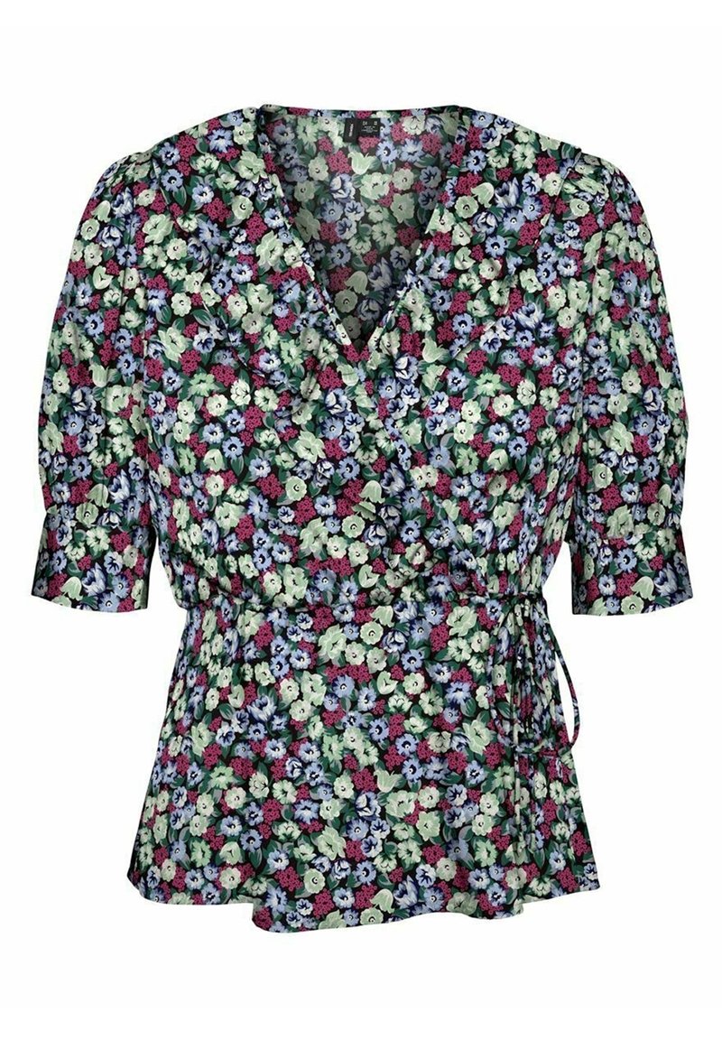 Blumen-Wickeloberteil in Dunkelgrün mit bunten Blumen und Blättern. Verfügt über einen V-Ausschnitt, kurze Puffärmel und einen Bindegürtel in der Taille.