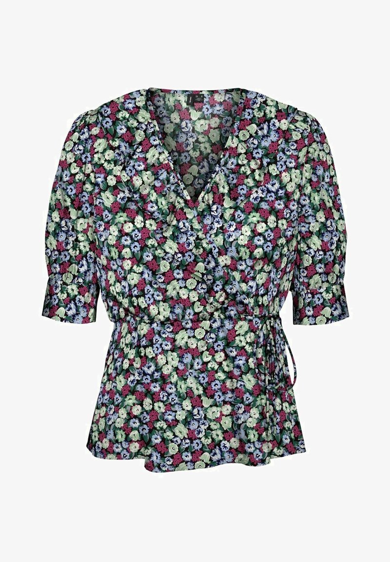 Blumen-Wickeloberteil in Dunkelgrün mit bunten Blumen und Blättern. Verfügt über einen V-Ausschnitt, kurze Puffärmel und einen Bindegürtel in der Taille.
