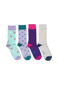 Set di quattro calze: verde menta con lama, lavanda con uccelli, viola scuro con motivo a onde e grigio chiaro con accenti blu navy.