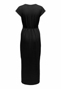 Robe noire à manches courtes, longueur cheville, avec un col rond et une ceinture fine à la taille, vue de dos.