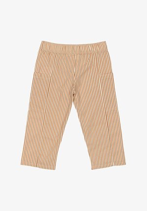 Wzorzyste, krótkie spodnie w beżowym i rdzawym kolorze z elastycznym pasem i bocznymi kieszeniami; wykonane z miękkiego, textured materiału.