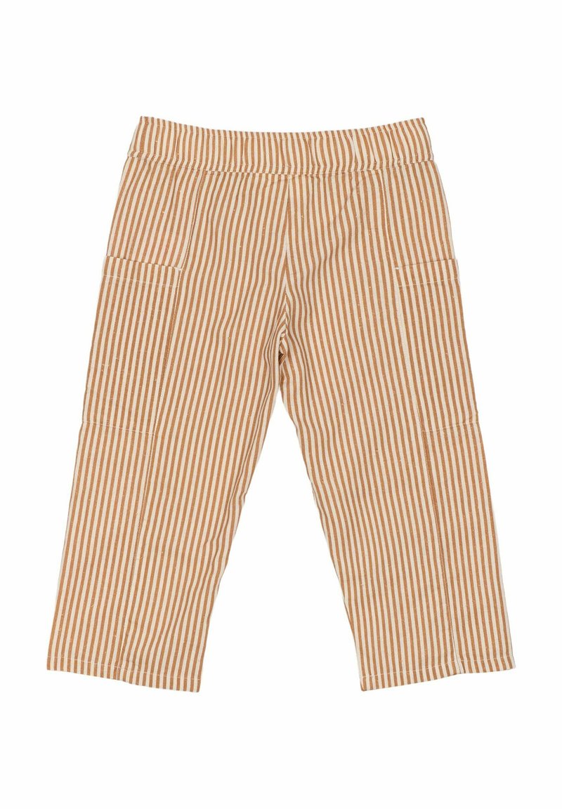 Randiga, korta byxor i beige och rostfärgade nyanser med elastisk midja och sidofickor; tillverkade av ett mjukt, strukturerat tyg.