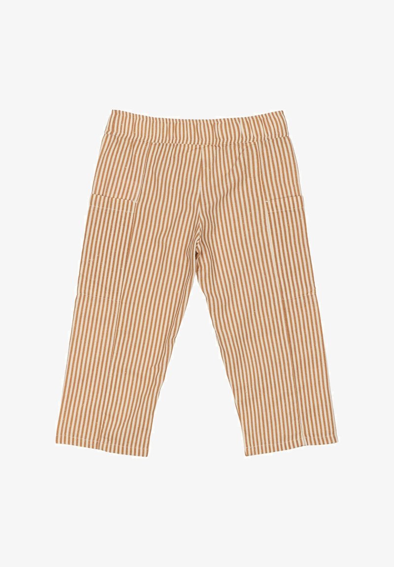 Páskové, zkrácené kalhoty v béžové a rezavé barvě s elastickým pasem a bočními kapsami; vyrobené z měkké, texturované tkaniny.