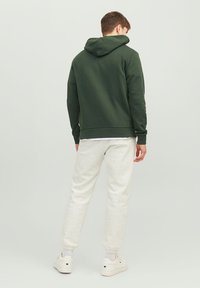 Dark green hooded sweatshirt with a streamlined design and ribbed cuffs, paired with light gray jogger pants. White sneakers complete the look.