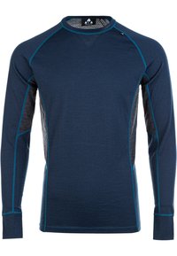 Marinblus med lång ärm och kontrasterande grå sidopaneler samt teal-färgade sömmar. Har rund hals och en figursydd design, tillverkad av ett texturerat tyg.