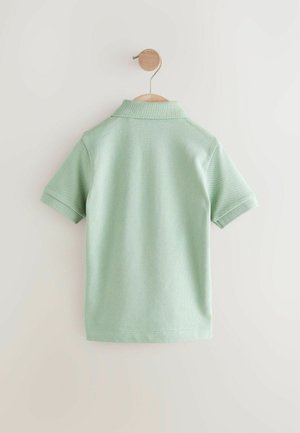 Hellgrünes Polo-Shirt mit kurzen Ärmeln, einem gerippten Kragen und strukturiertem Stoff, präsentiert an einem Holzkleiderbügel vor einem hellen Hintergrund.