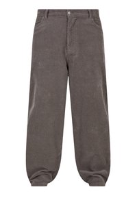 Grijze corduroy broek met een verticale ribbeltextuur, voorzien van een rechte snit, riemlussen en een elastische zoom bij de enkels.