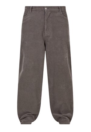 Gray corduroy pants with a vertical ribbed texture, featuring a straight cut, belt loops, and an elasticized hem at the ankles.