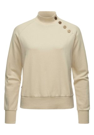 Beige sweatshirt with a high collar, long sleeves, and ribbed cuffs. Features four buttons along the shoulder for accent. Soft fabric texture.